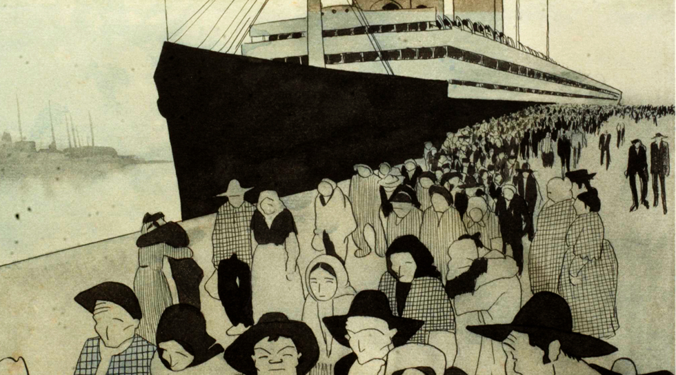 Ilustración de inmigrantes bajando de un barco