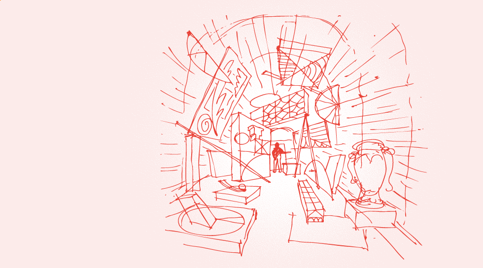 Ilustración a mano alzada de un túnel con obras exhibidas