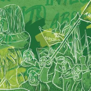 ilustración de mujeres abrazadas y personas en una marcha