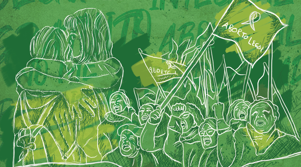ilustración de mujeres abrazadas y personas en una marcha